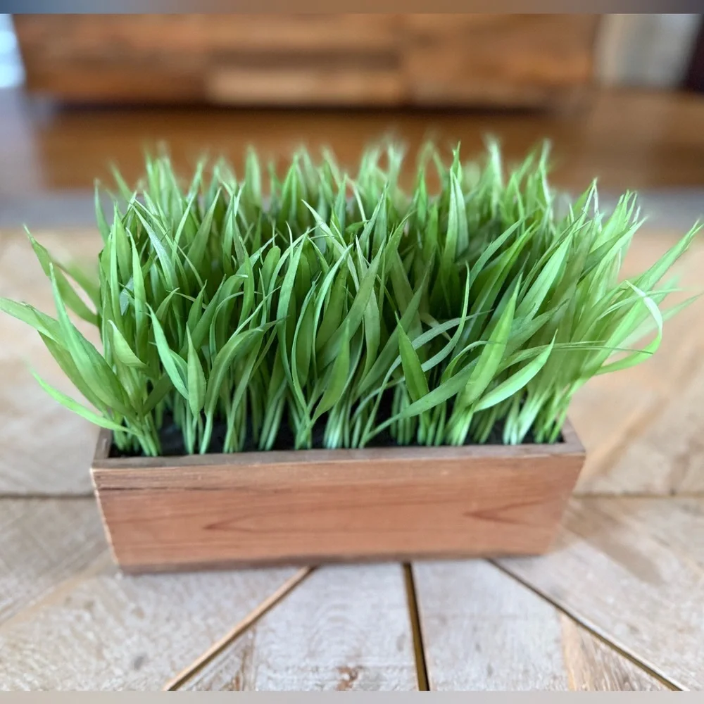 Faux Grass Plant Decor in Wooden Planter